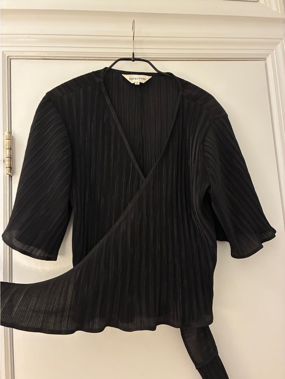 Black Pleated Wrap Top with Tie Waist